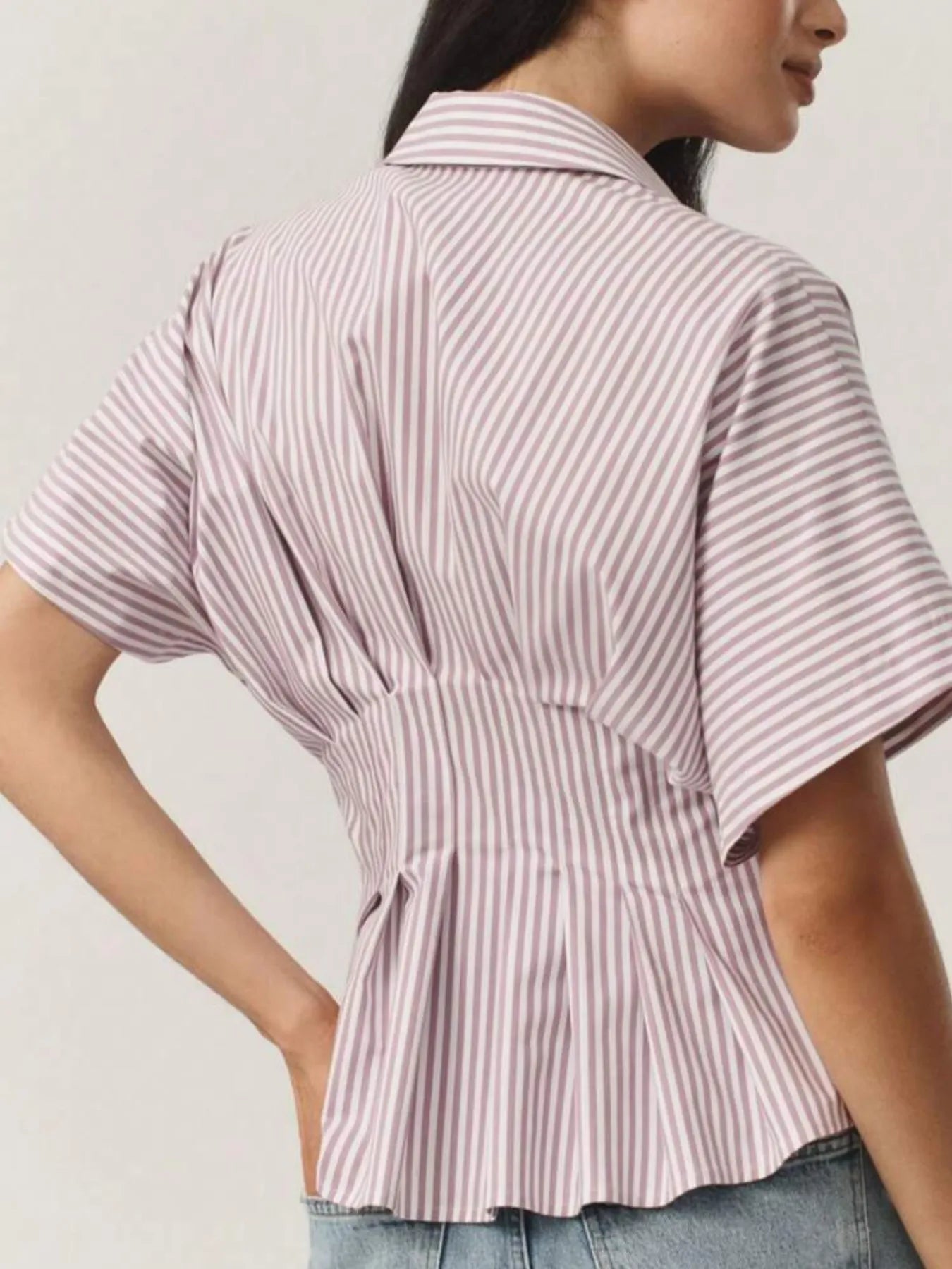 Striped Short Sleeve Button-Up Shirt Blush Pink