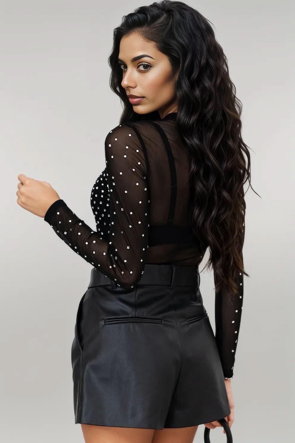 Black Rhinestone Sheer Mesh Long Sleeve Bodysuit Black 95%Polyamide+5%Elastane