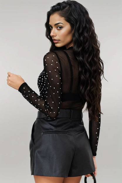Black Rhinestone Sheer Mesh Long Sleeve Bodysuit Black 95%Polyamide+5%Elastane