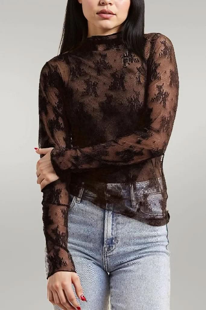 Mock Neck Long Sleeve Sheer Top