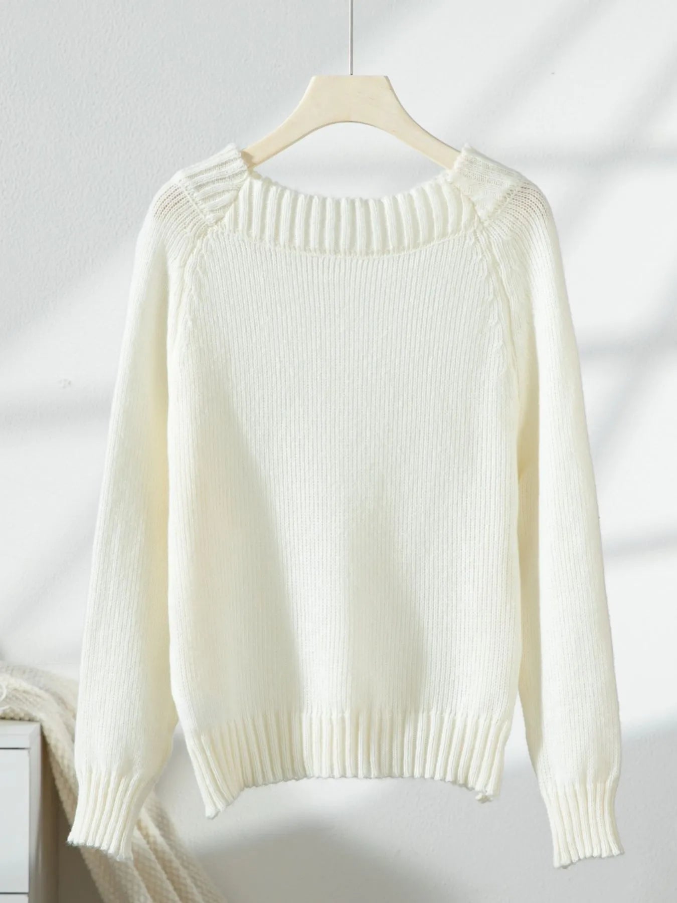 Ribbed Knit Boat Neck Sweater White