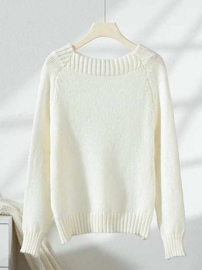 Ribbed Knit Boat Neck Sweater White