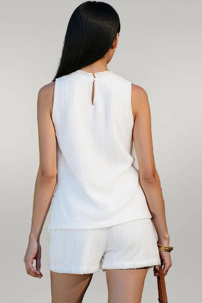 Beige Textured Knit Tank Top and Drawstring Shorts Set