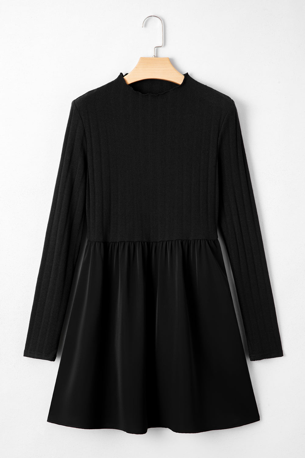 Black Frilled Neck Ribbed Knit Patchwork Long Sleeve Mini Dress Black 97%Polyester+3%Elastane
