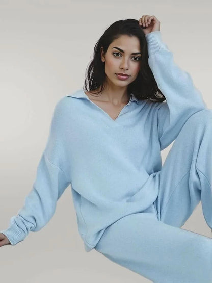 Johnny Collar Long Sleeve Top and Pants Sweater Set Light Blue One Size