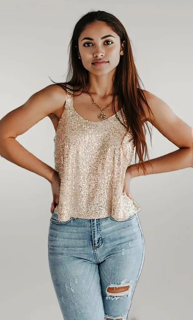 Sequin Scoop Neck Tank Tan