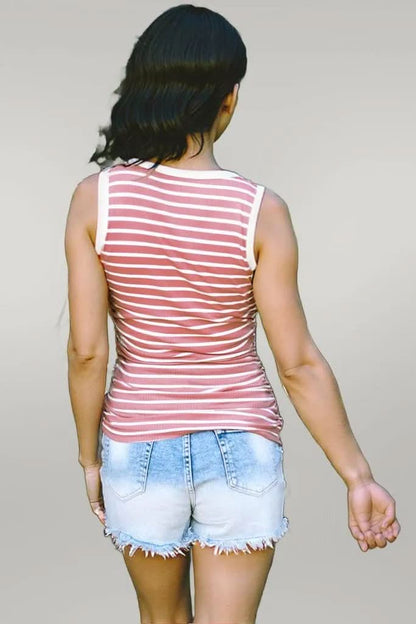 Pink Stripe Contrast Round Neck Sleeveless Slim Top