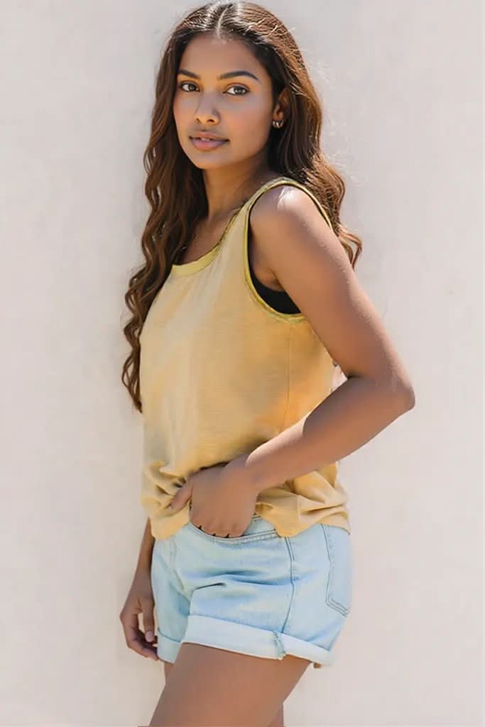 Tan Metallic Sheen Edge Scoop Neck Tank Top