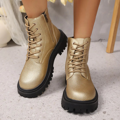 Lace Up Platform Boots Gold