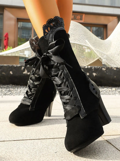 Lace Up Block Heels Boots
