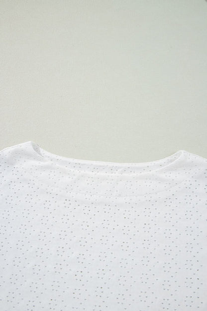 White Eyelet Pattern Boat Neck Casual Tee White 97%Polyester+3%Elastane