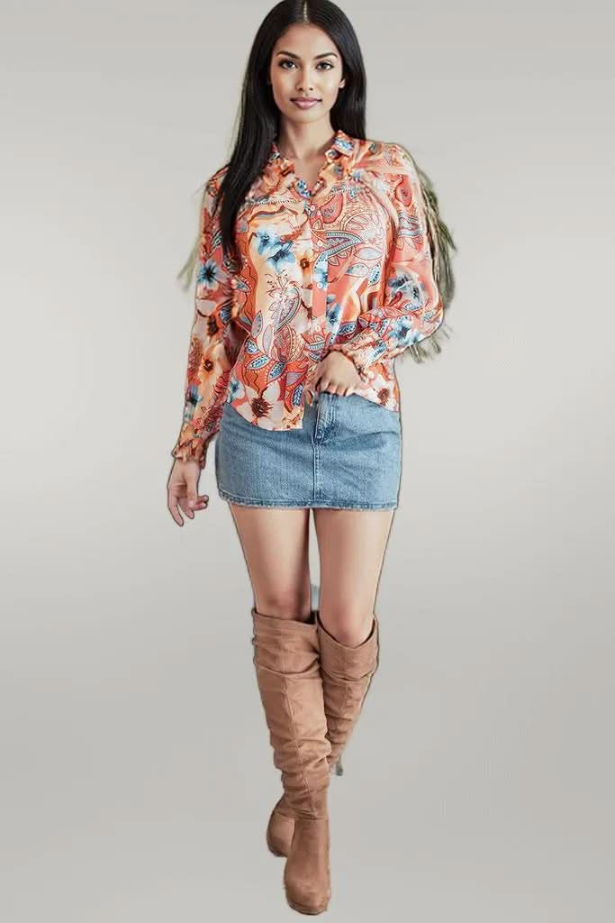 Orange Floral Print Shirred Cuff Buttoned Loose Shirt Orange 81%Viscose+19%Polyamide