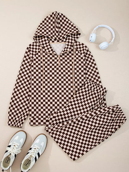 Checkered Drawstring Hoodie and Pants Set Plaid