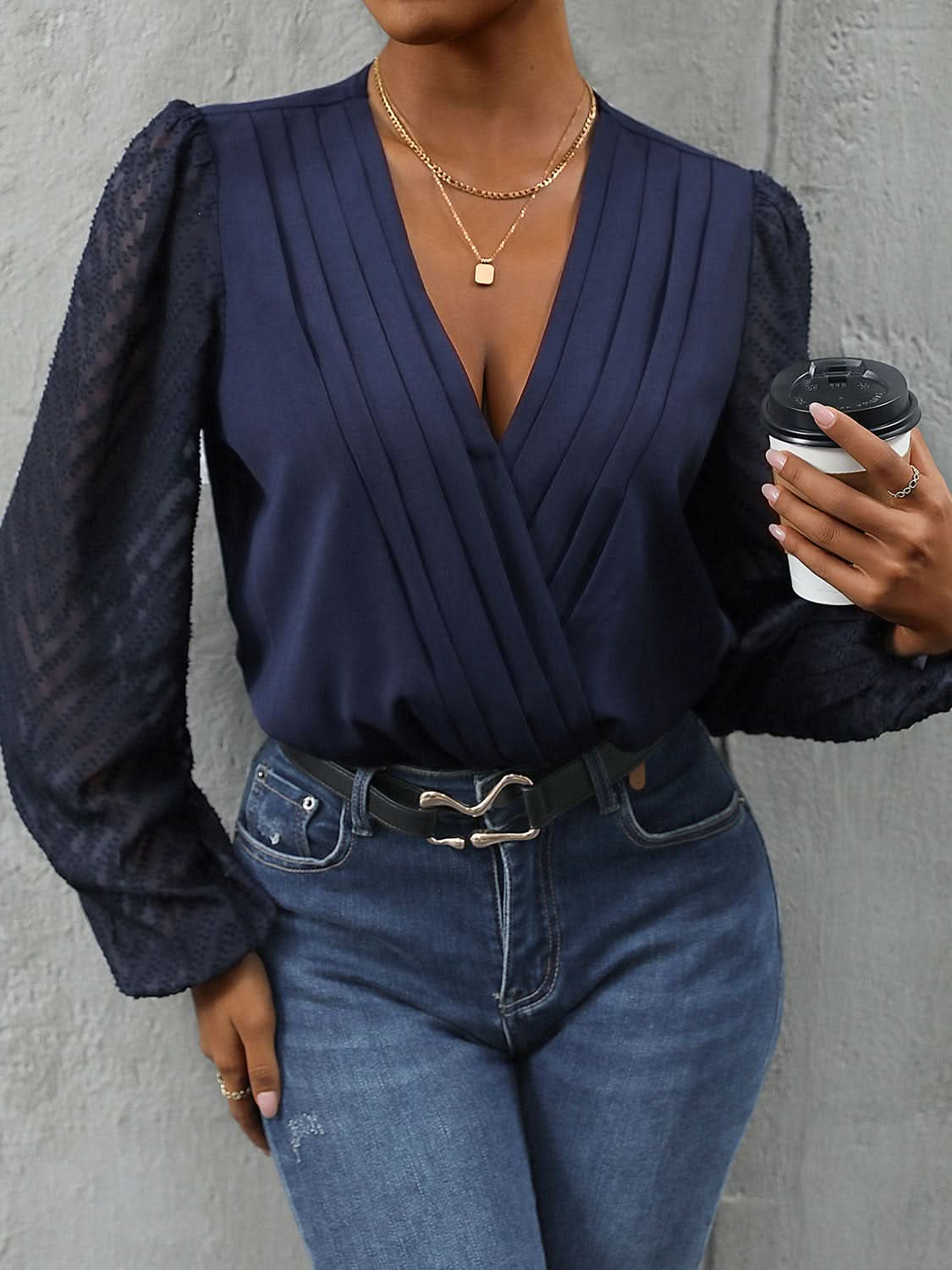 Perfee Ruched Surplice Long Sleeve Bodysuit Dark Blue