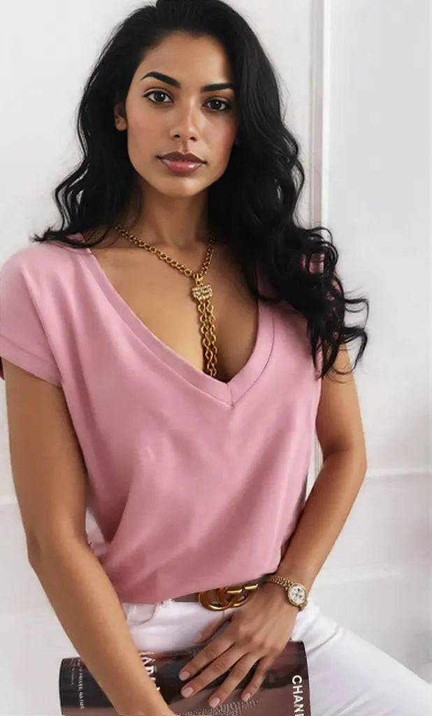 V-Neck Short Sleeve T-Shirt Pink