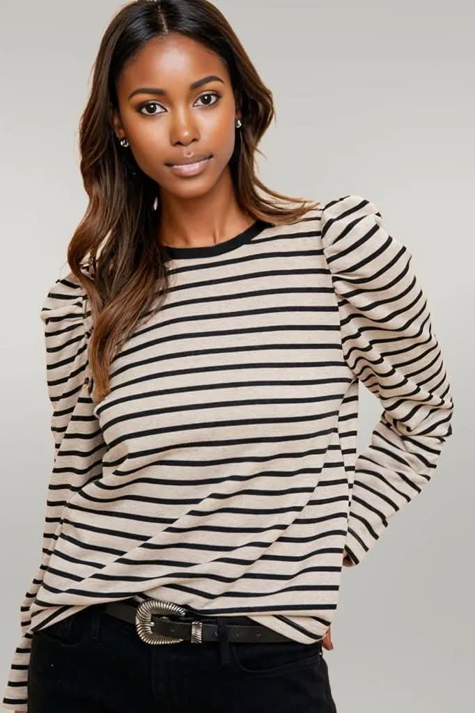 Annie Wear Striped Round Neck Puff Sleeve French Terry Top