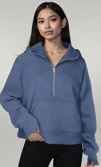 Half-Zip Hoodie with Kangaroo Pocket Gray Blue