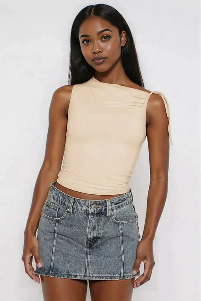 Ruched Tied Solid Color Tank Tan