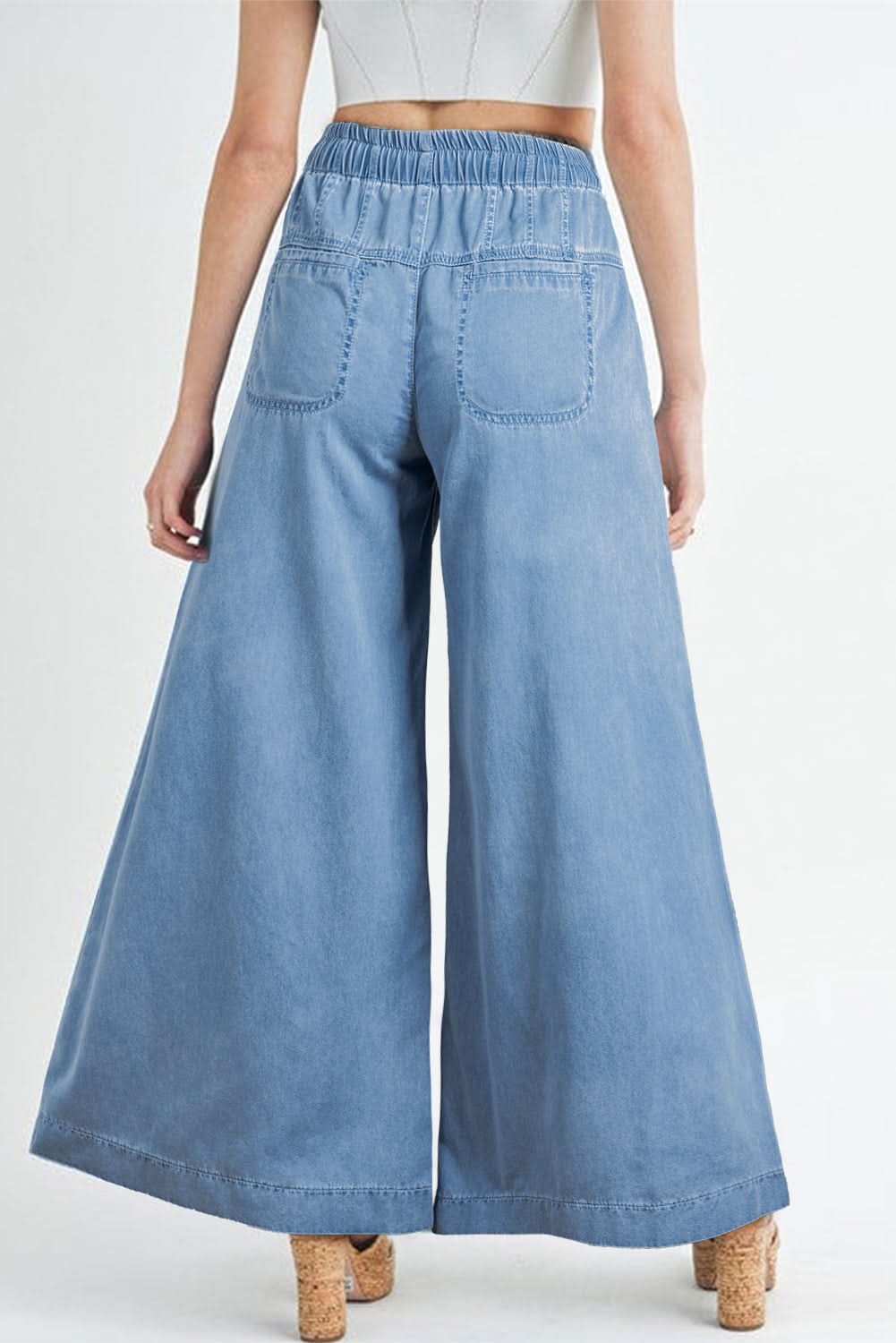 Blue Mineral Wash Button Fly Waist Wide Leg Jeans