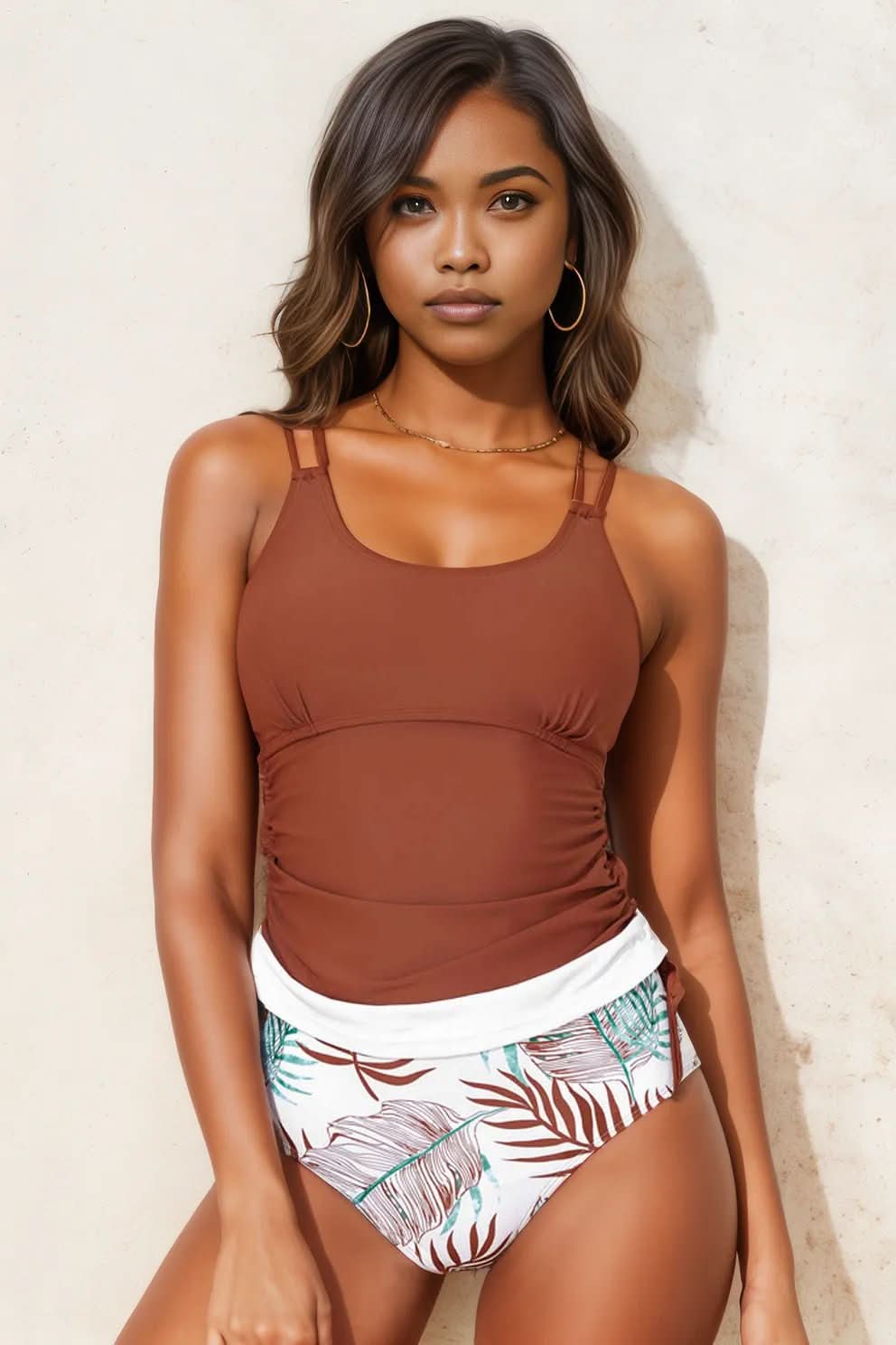 Mineral Red Drawstring Tummy Control Mix-and-match 2pcs Tankini Swimsuit Mineral Red 82%Polyamide+18%Elastane