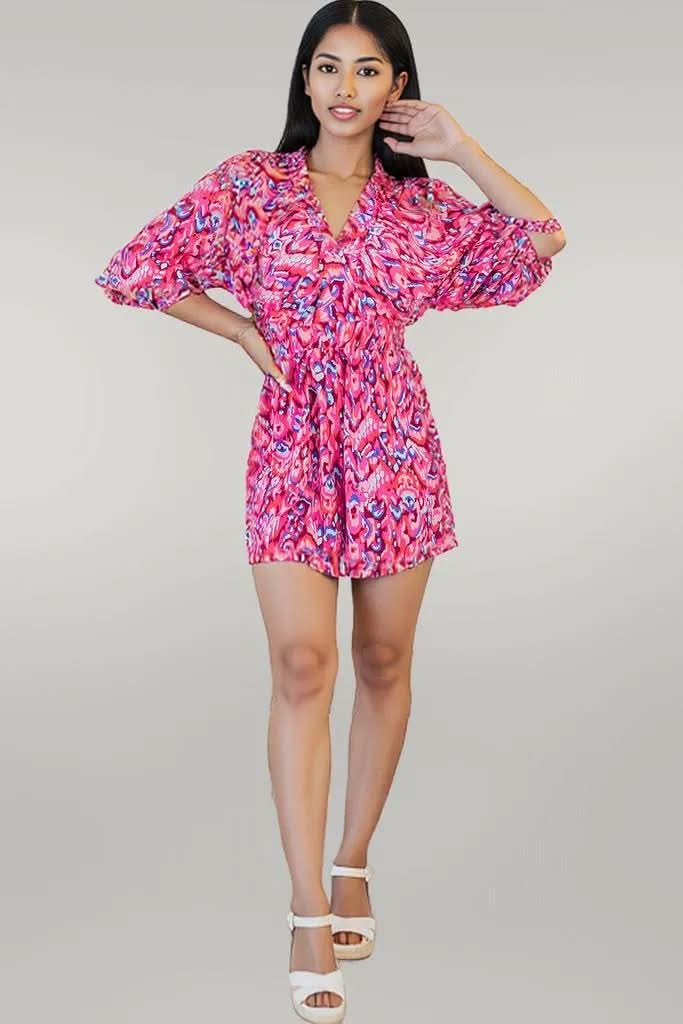 Pink Abstract Print Puff Sleeve V Neck High Waist Romper