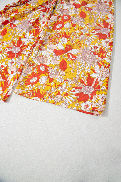 Orange Floral V Neck Wide Leg Sleeveless Jumpsuit Orange 100%Polyester
