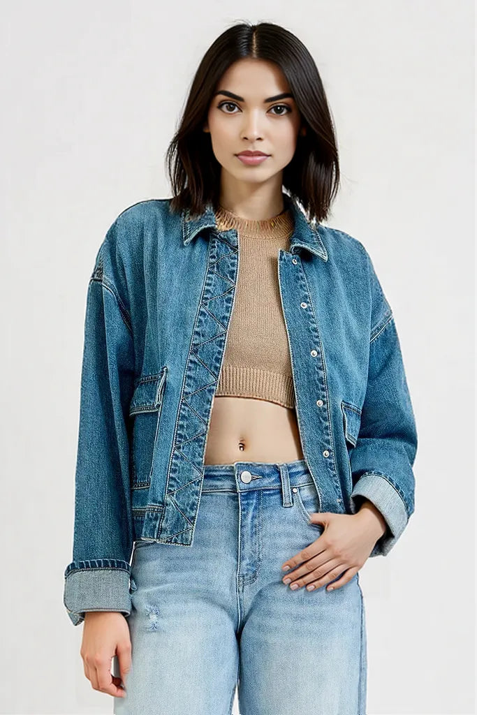 RISEN Oversized Cargo Pocket Denim Jacket with Cuffed Sleeves MEDIUM