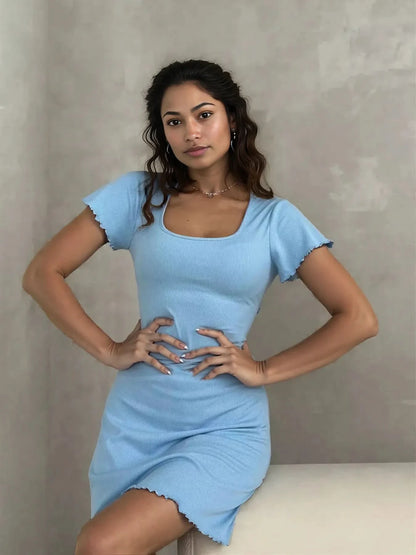 Ribbed Back Lace Up Short Sleeve Mini Dress