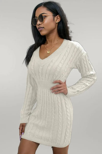 Cable-Knit V-Neck Long Sleeve Mini Sweater Dress White