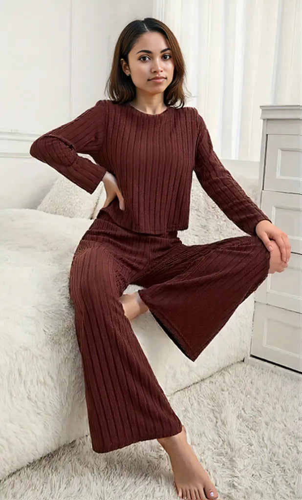 Ribbed Round Neck Long Sleeve Top and Pants Lounge Set