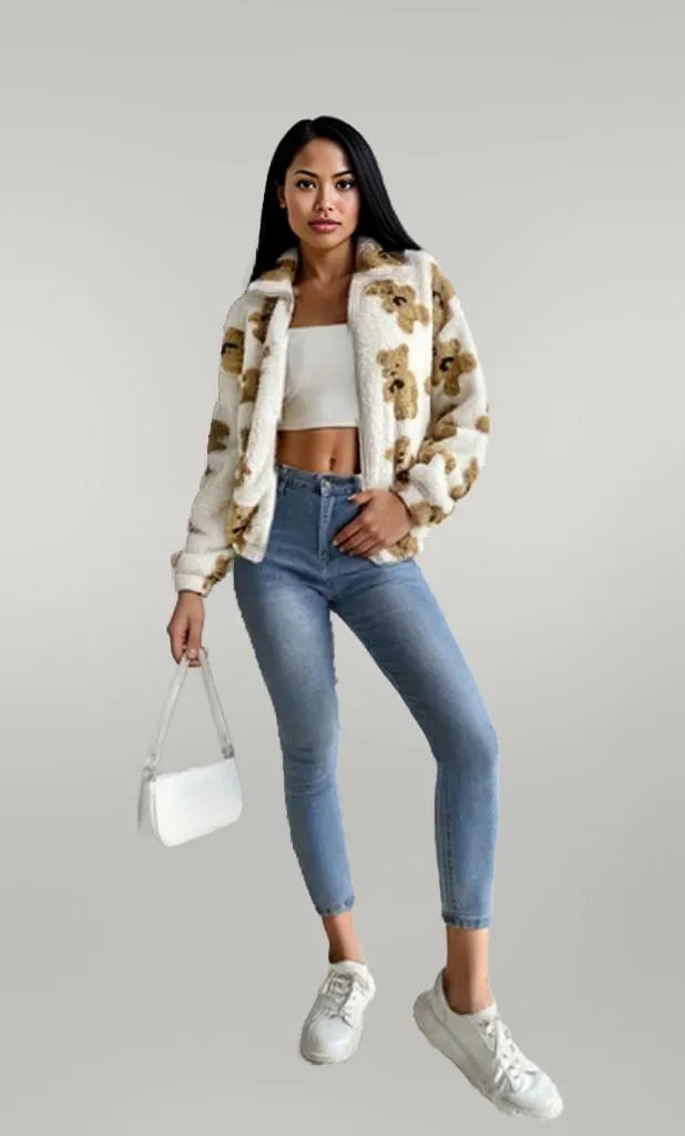 Bear Print Fleece Zip Up Outerwear
