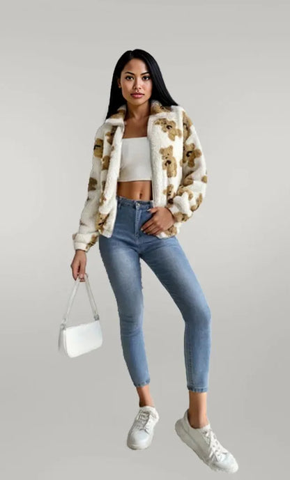 Bear Print Fleece Zip Up Outerwear