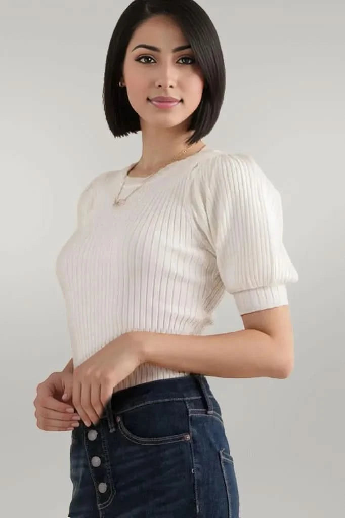 And The Why Puffed Half Sleeve Rib Basic Bodysuit