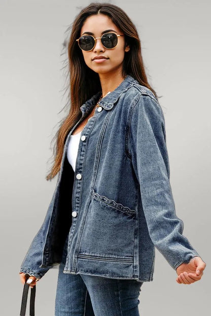Sail Blue Scallop Trim Collar Patched Pocket Button Up Denim Jacket Sail Blue 75%Cotton+25%Polyester
