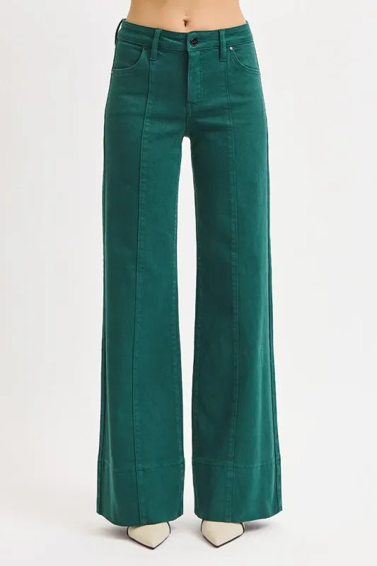 RISEN Full Size Tummy Control Mid Rise Wide Leg Jeans HUNTER GREEN