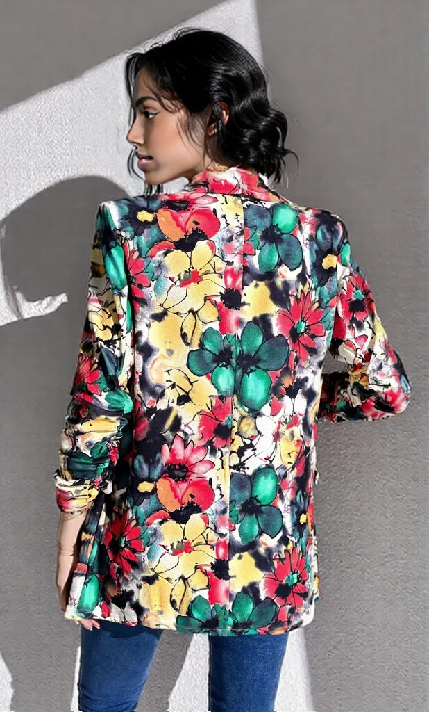 Vibrant Floral Print Open Front Blazer