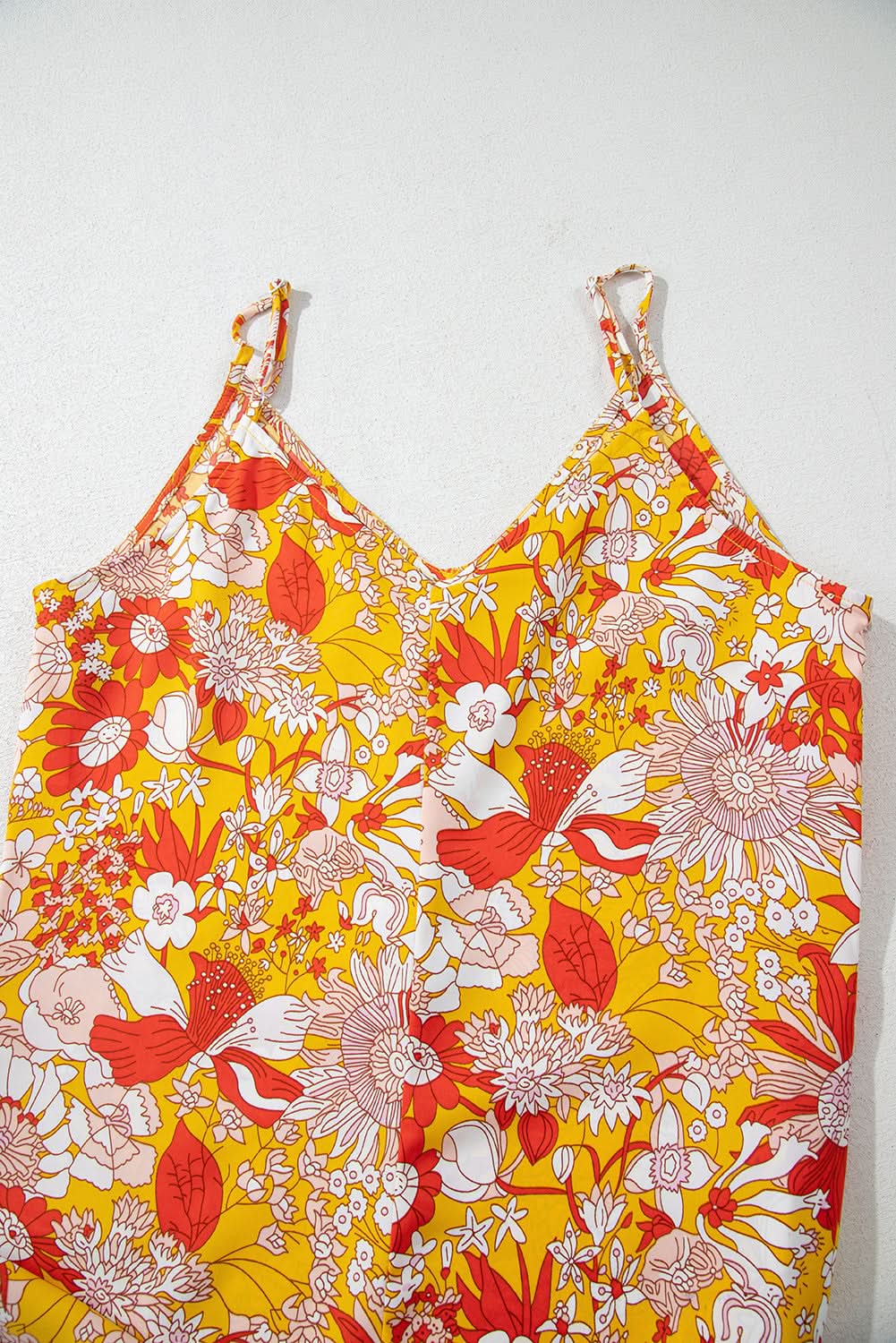 Orange Floral V Neck Wide Leg Sleeveless Jumpsuit Orange 100%Polyester