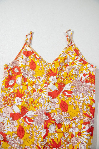 Orange Floral V Neck Wide Leg Sleeveless Jumpsuit Orange 100%Polyester