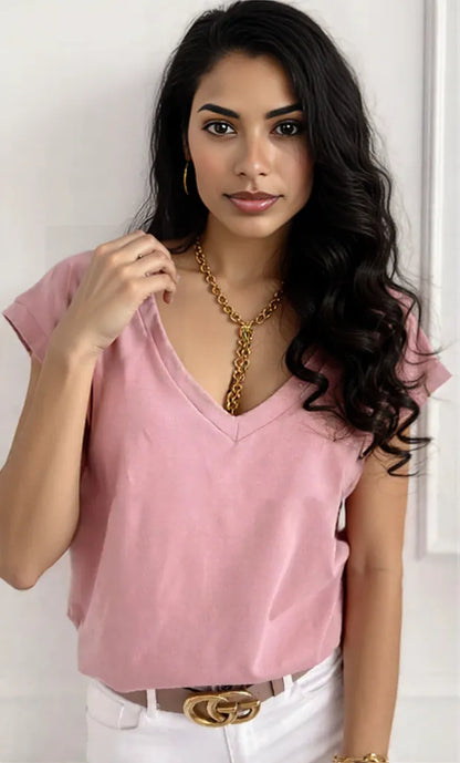 V-Neck Short Sleeve T-Shirt Pink