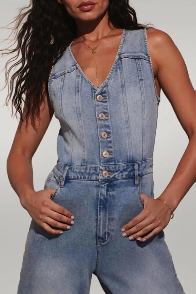 V-neck Wide Leg Denim Jumpsuit Medium