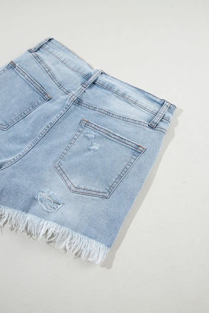 Light Blue Distressed Ripped Raw Hem High Waist Denim Shorts Light Blue 55%Cotton+42%Viscose+3%Elastane
