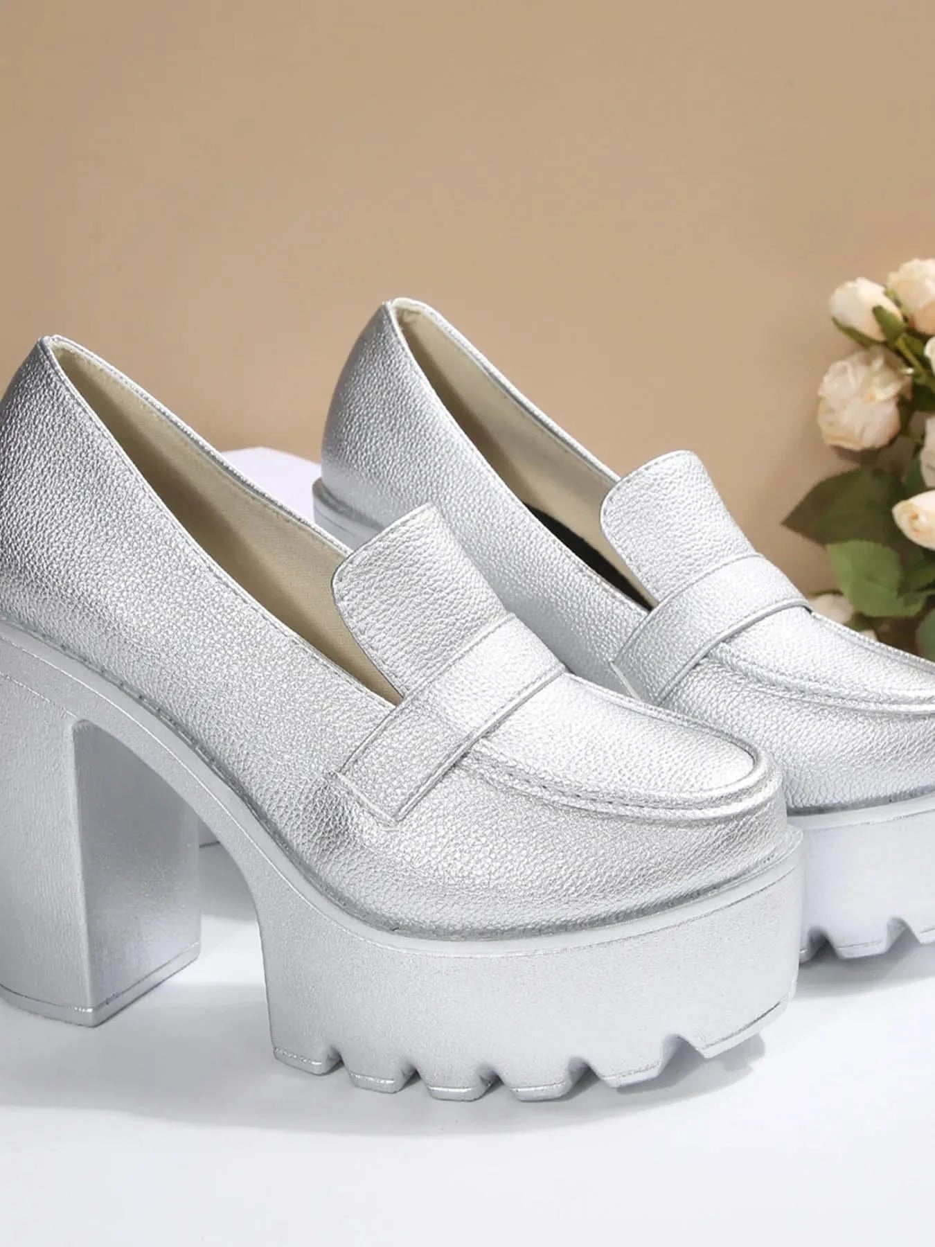 Round Toe Platform Block Heels Pumps Silver