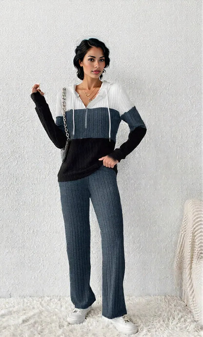 Color Block Half Zip Hooded Top and Pants Set