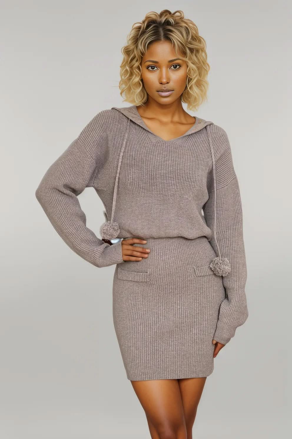 Ribbed Tied Hooded Long Sleeve Mini Sweater Dress Mocha