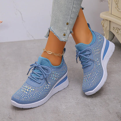 Breathable Mesh Rhinestone Wedge Athletic Sneakers Sky Blue
