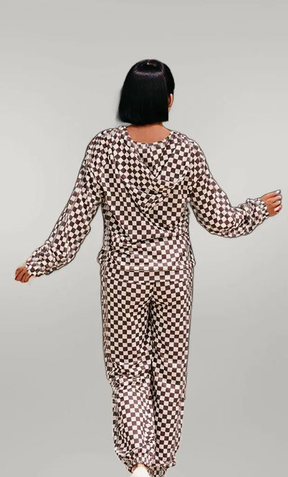 Checkered Drawstring Hoodie and Pants Set Plaid