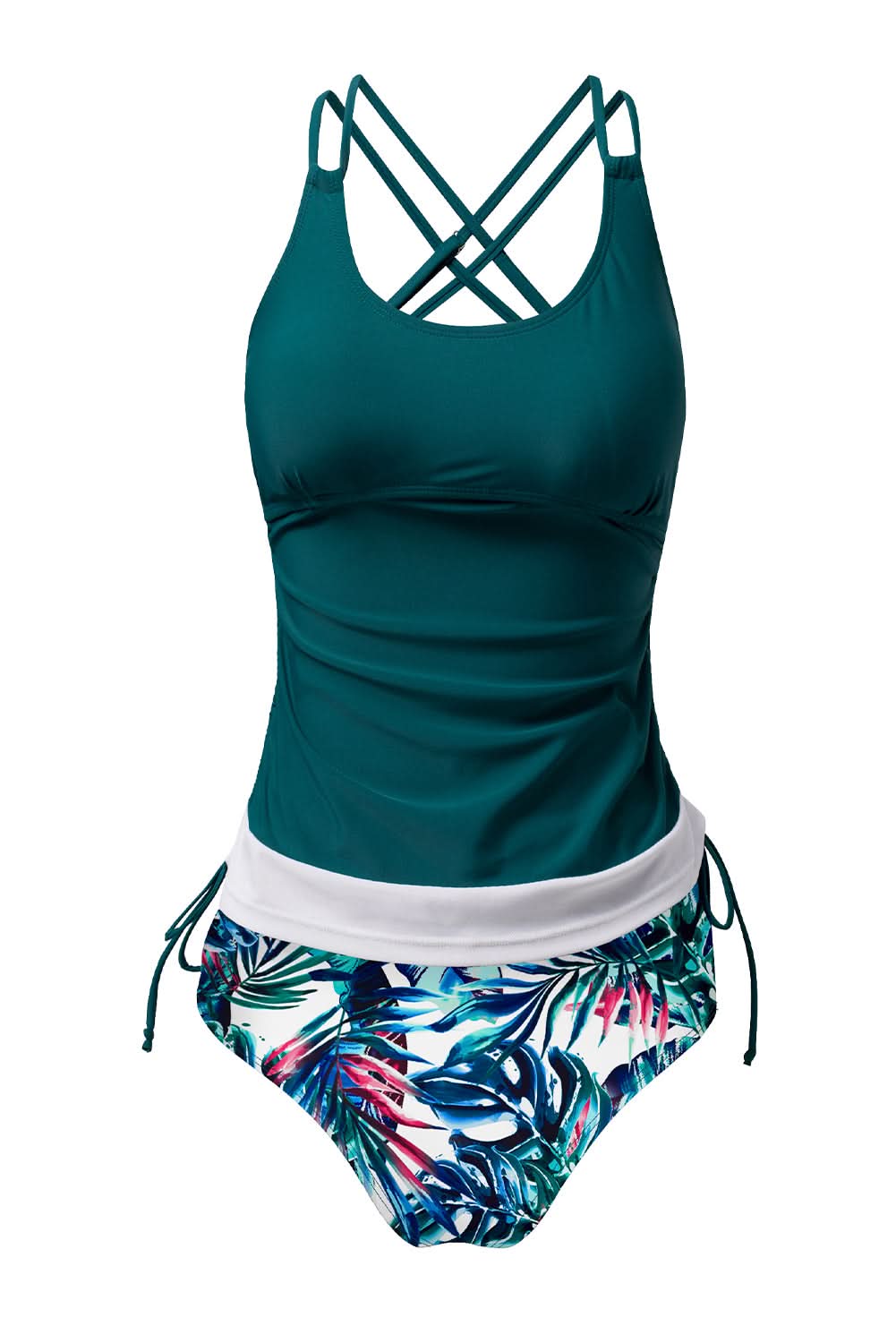 Mineral Red Drawstring Tummy Control Mix-and-match 2pcs Tankini Swimsuit Sea Green 82%Polyamide+18%Elastane