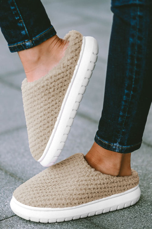 Pale Khaki Two-tone Knitted Warm Homewear Slippers Apricot khaki 100%Cotton
