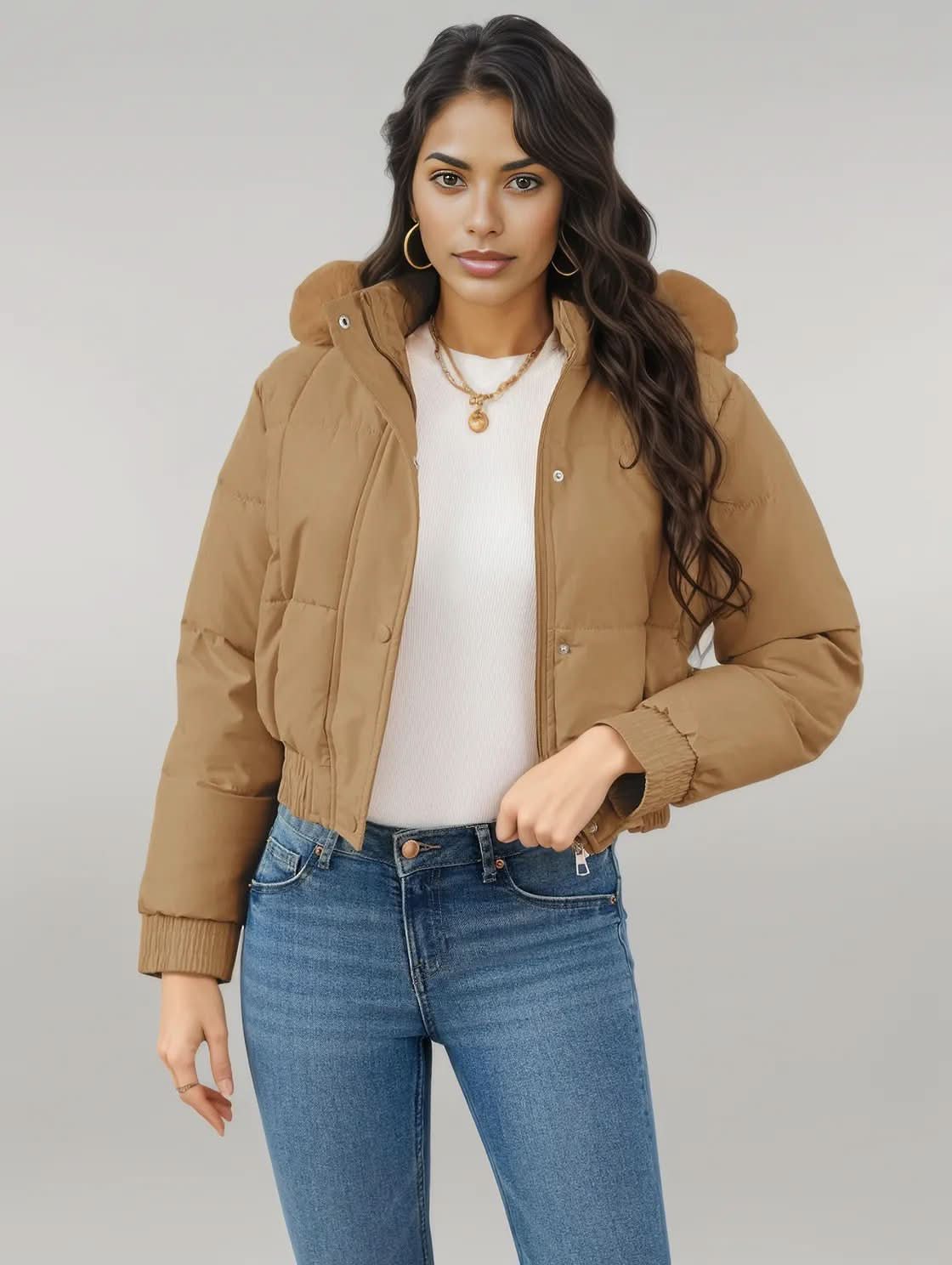 Pocketed Long Sleeve Cropped Hooded Winter Coat