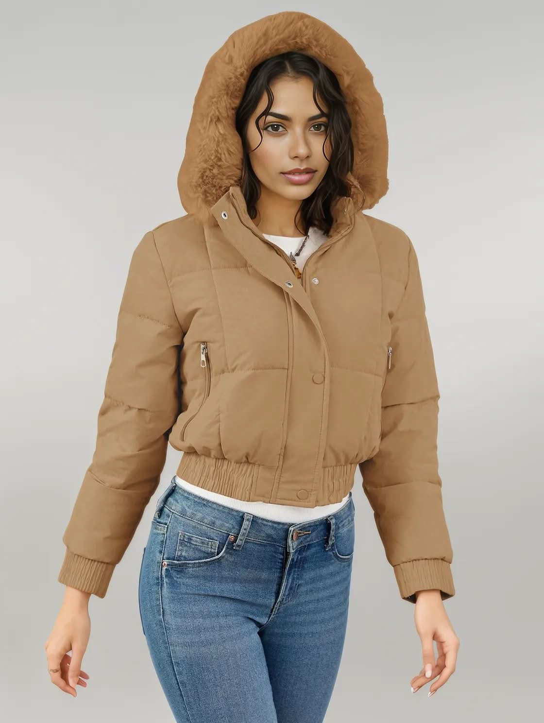 Pocketed Long Sleeve Cropped Hooded Winter Coat